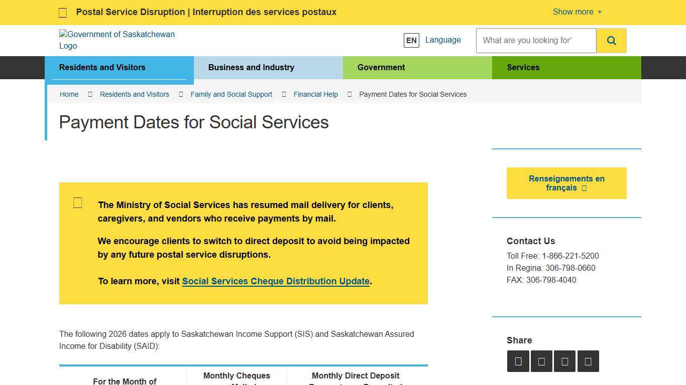 Payment Dates for Social Services Financial Help Government of Saskatchewan
